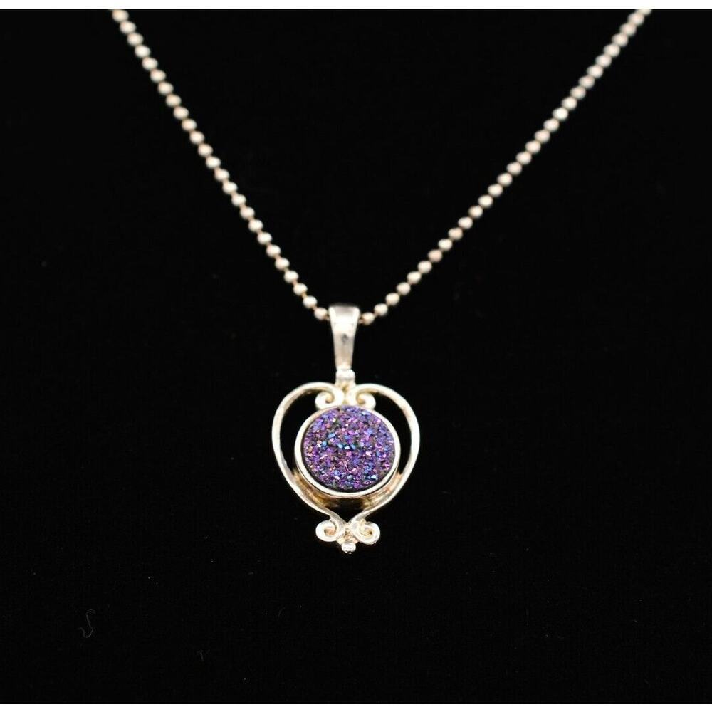 Sajen Pendant Necklace Purple Druzy Sterling Silver 925 Chain Signed NWT Bin4A